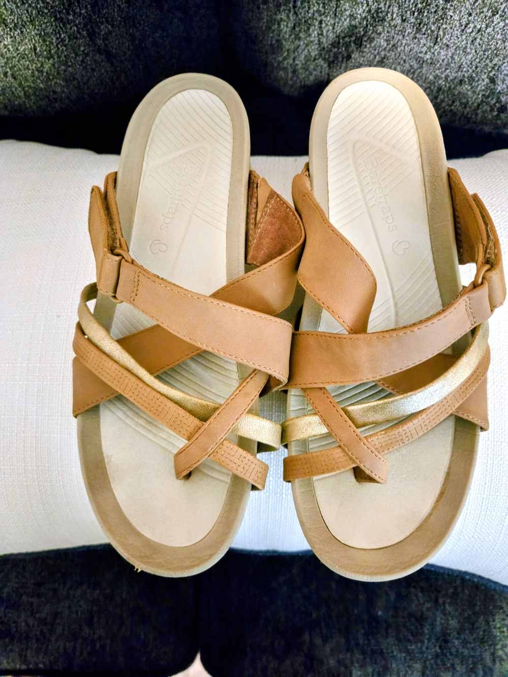 BareTraps Tan and Gold Cross-Strap Slide Sandals